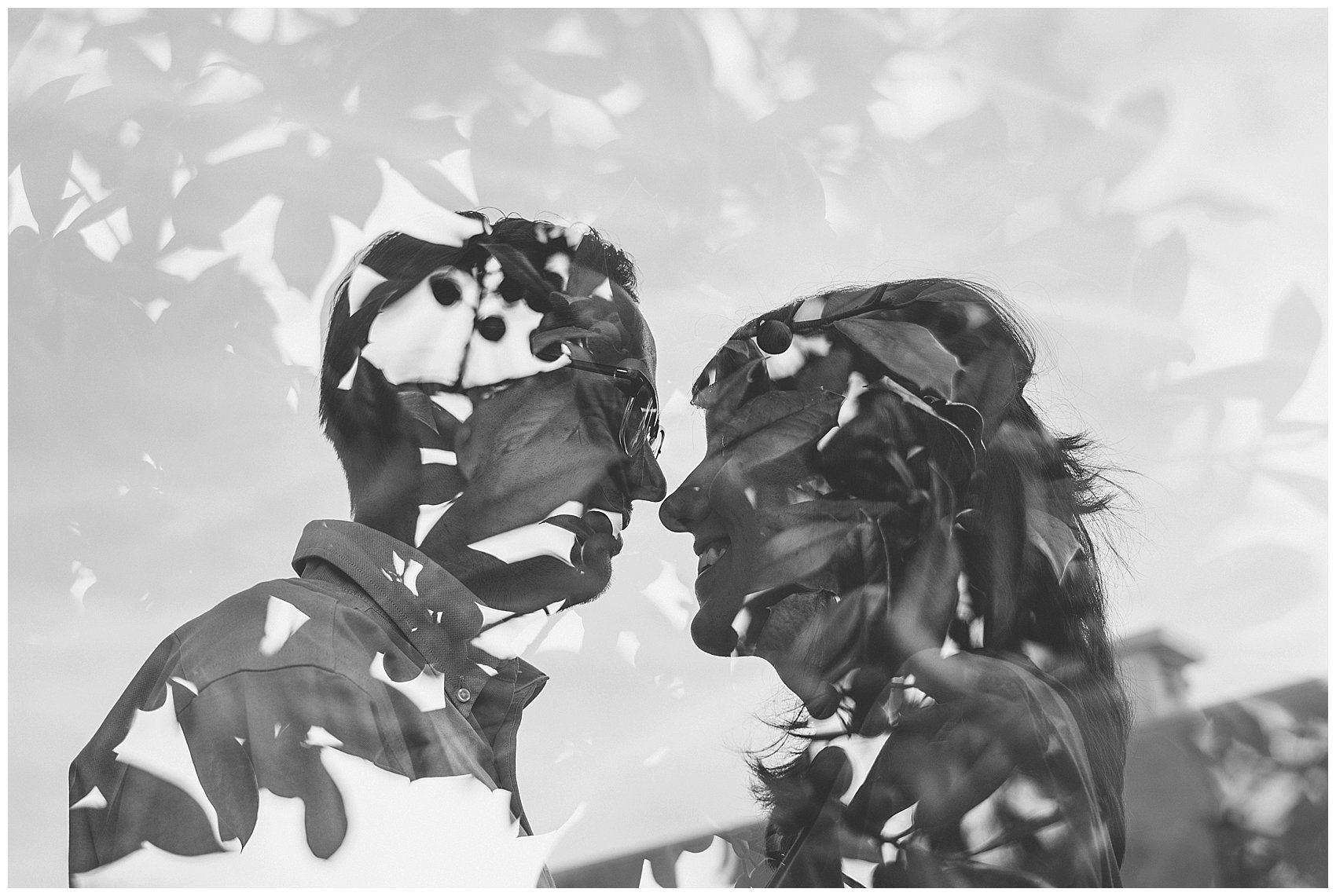 Black and White Double Exposure Couple Portraits in Downtown Suffolk Virginia