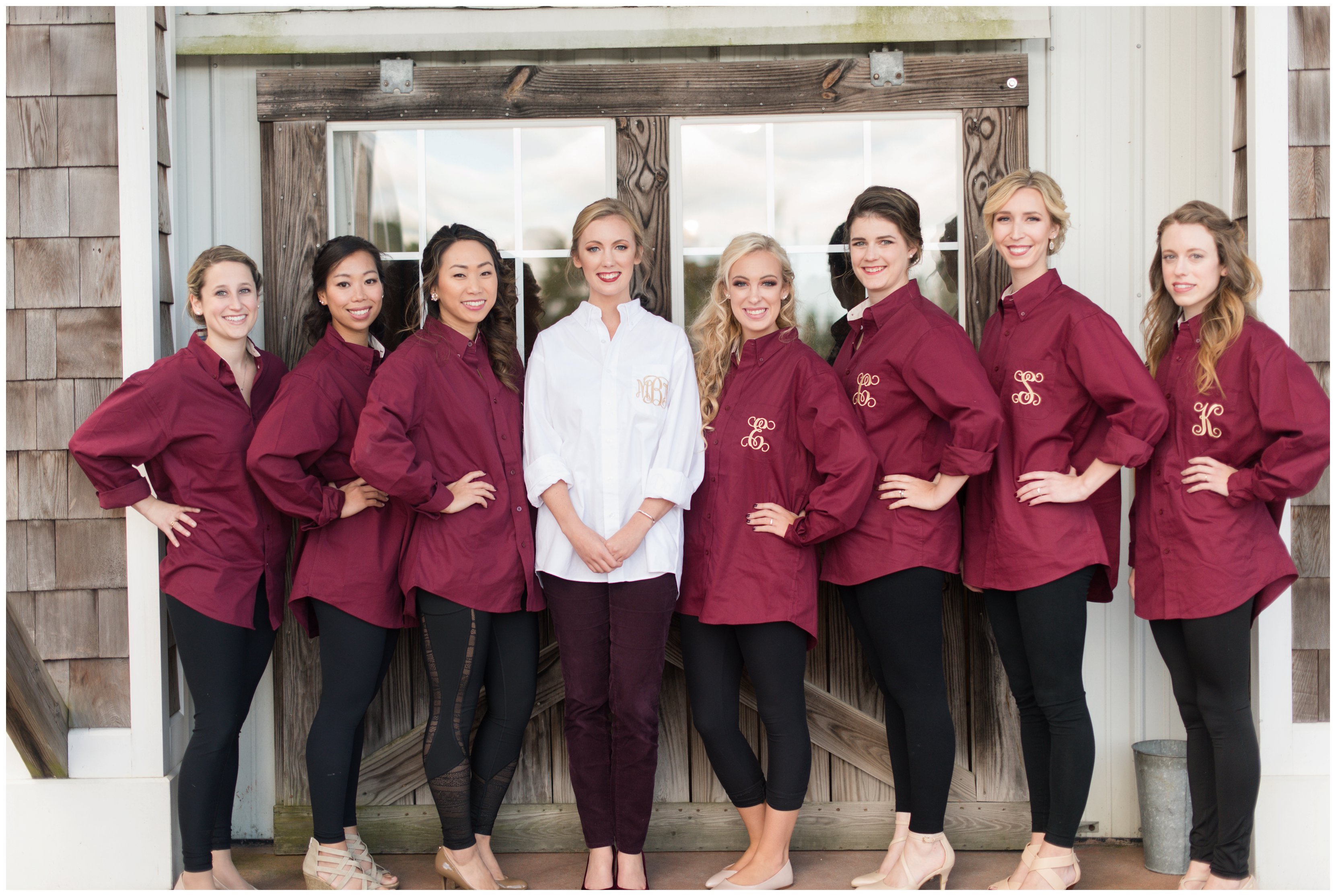 bride and bridesmaids in monogrammed button downs