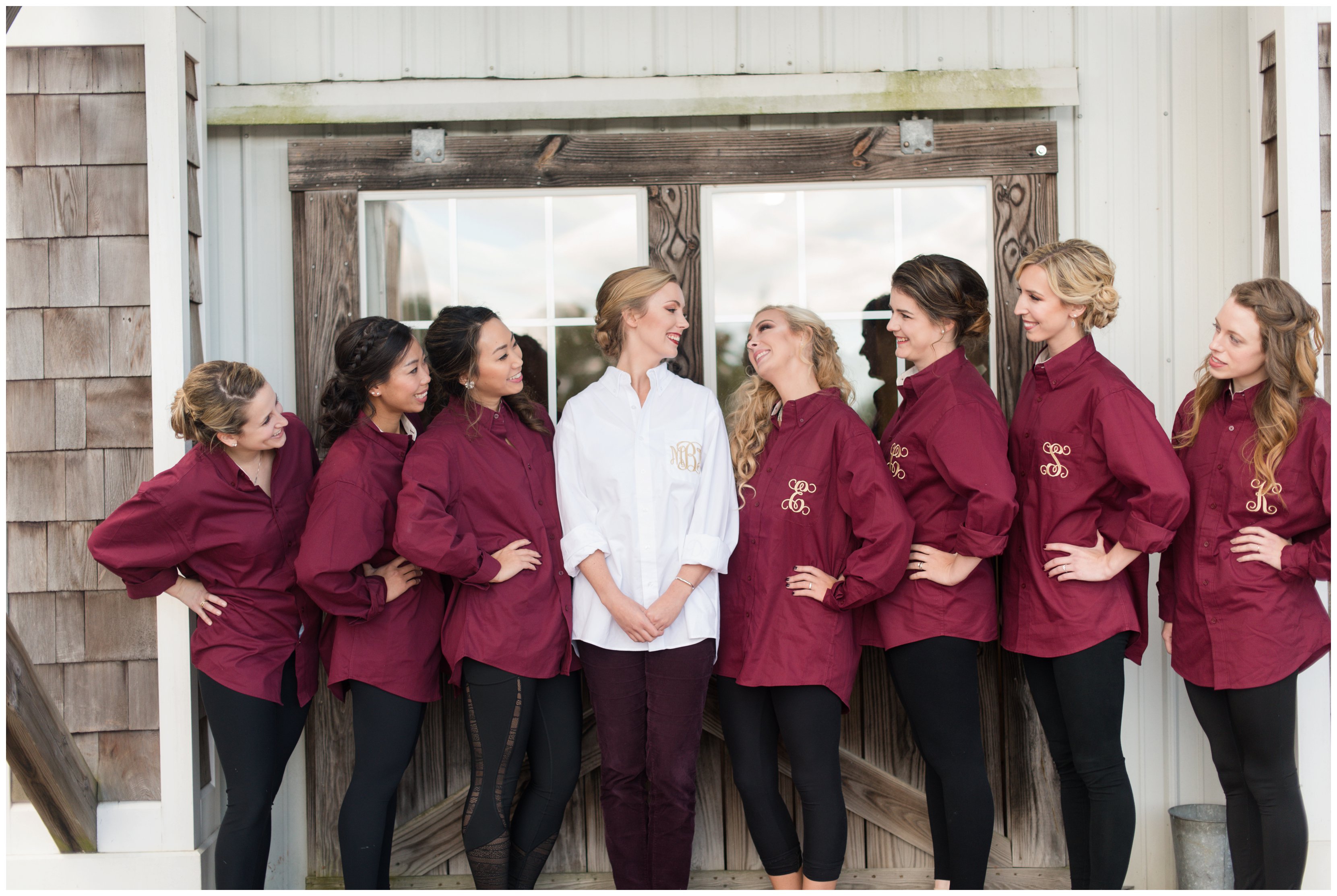 bride and bridesmaids in monogrammed button downs