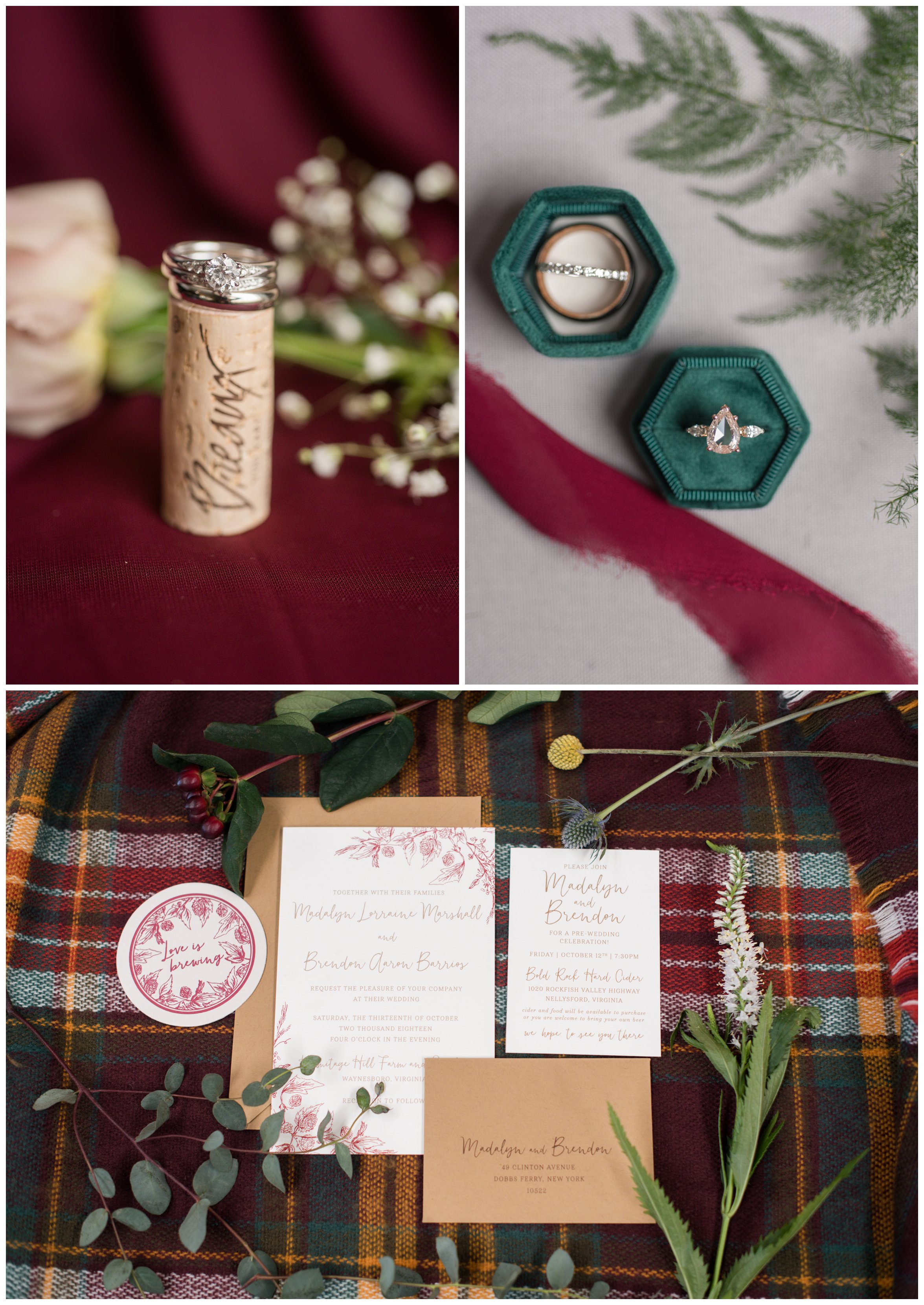autumn wedding bridal details maroon red wine and green
