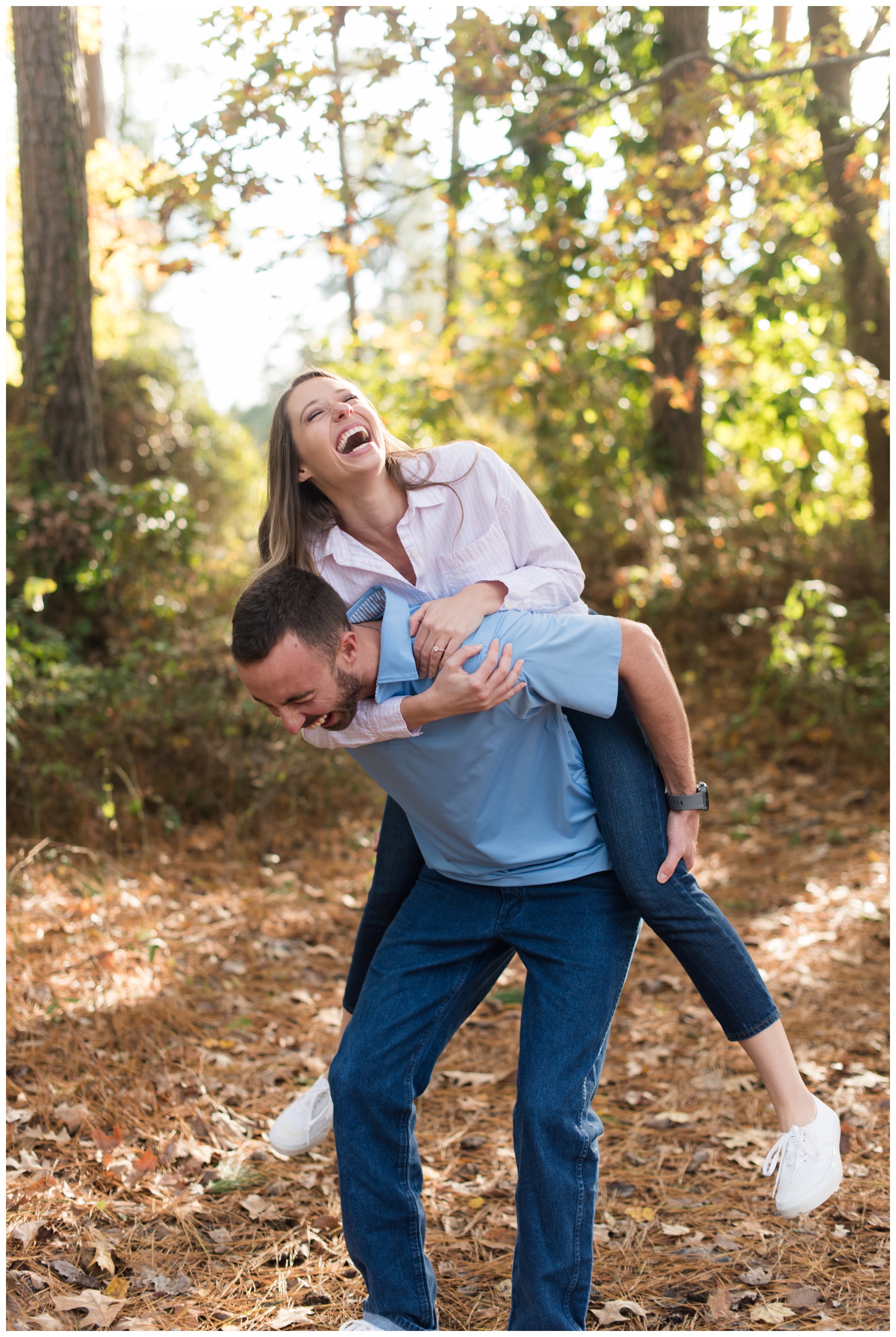 couple laughing during great bridge engagement session