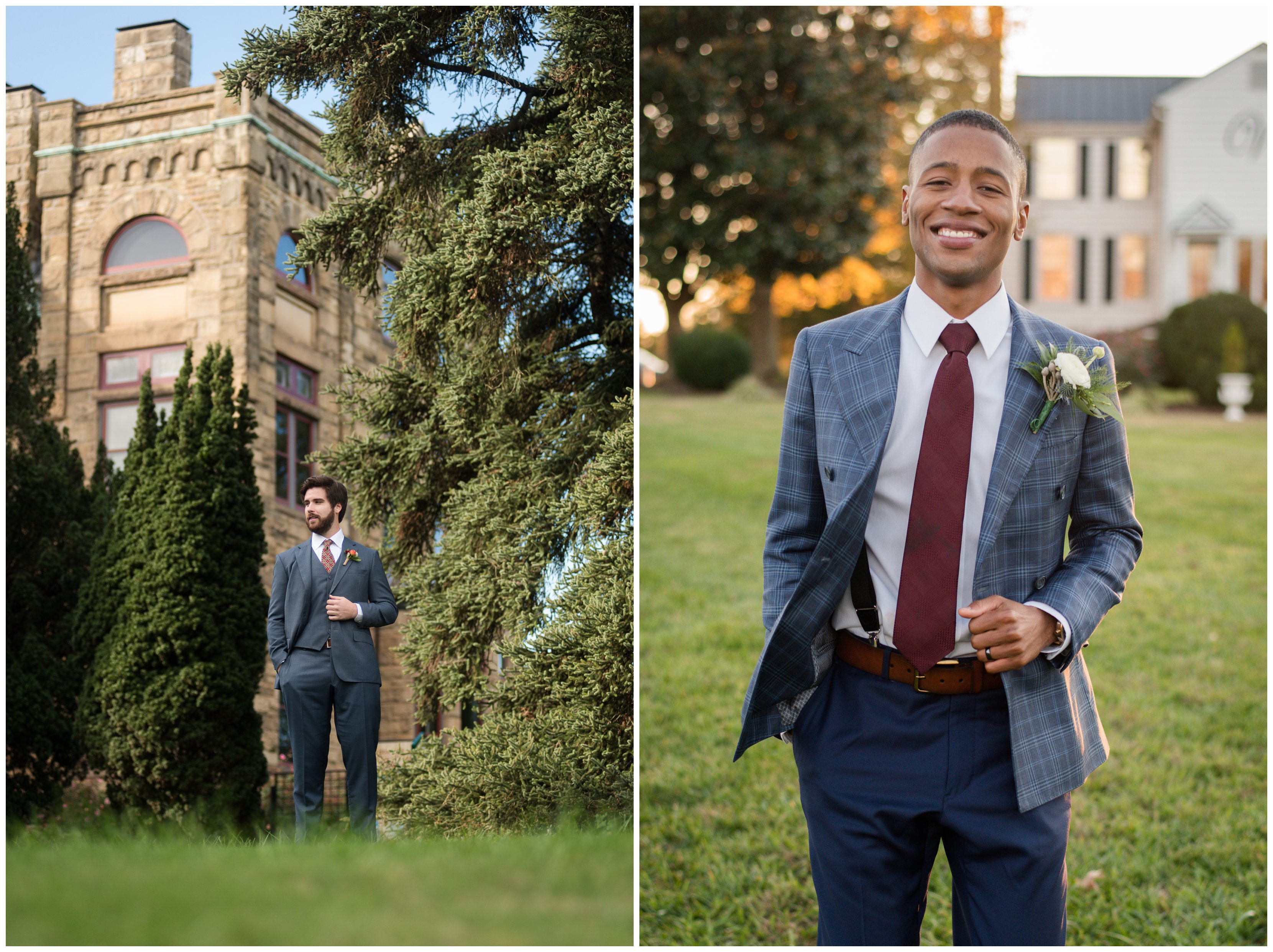 groom holding lapel outside by virginia wedding photographers