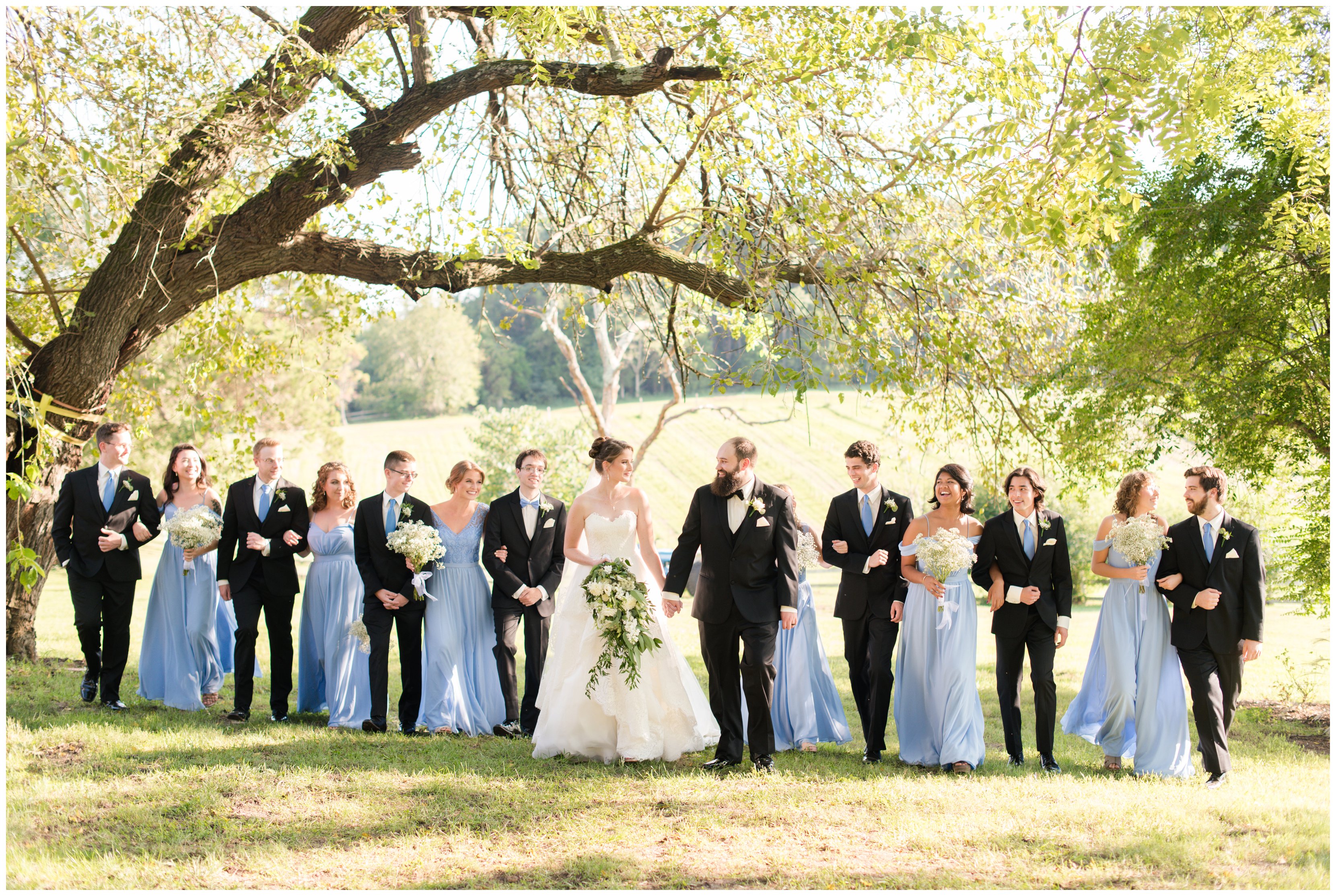 bridal party walks together at estate at white hall wedding