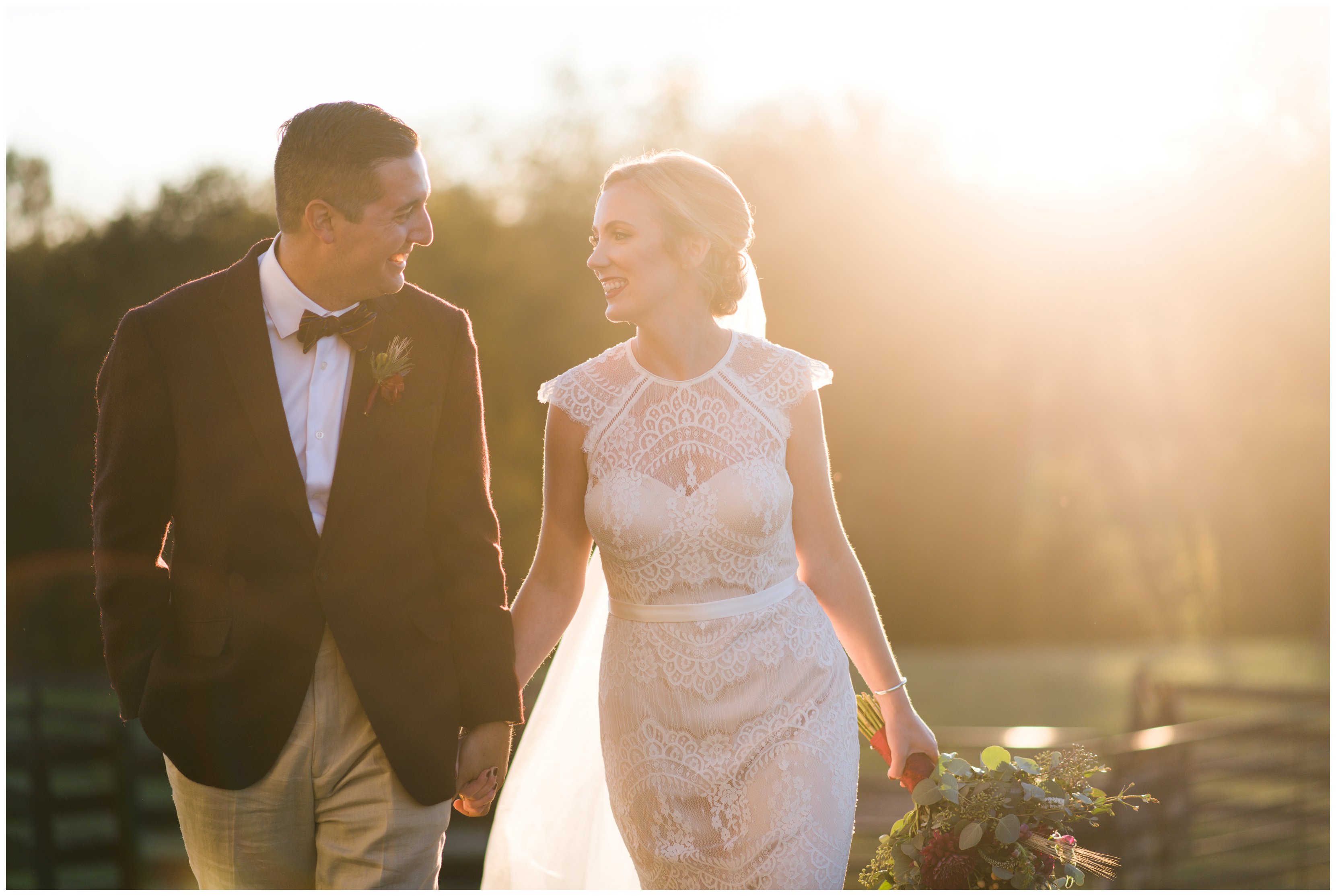 bride and groom walk at sunset in waynesboro virginia