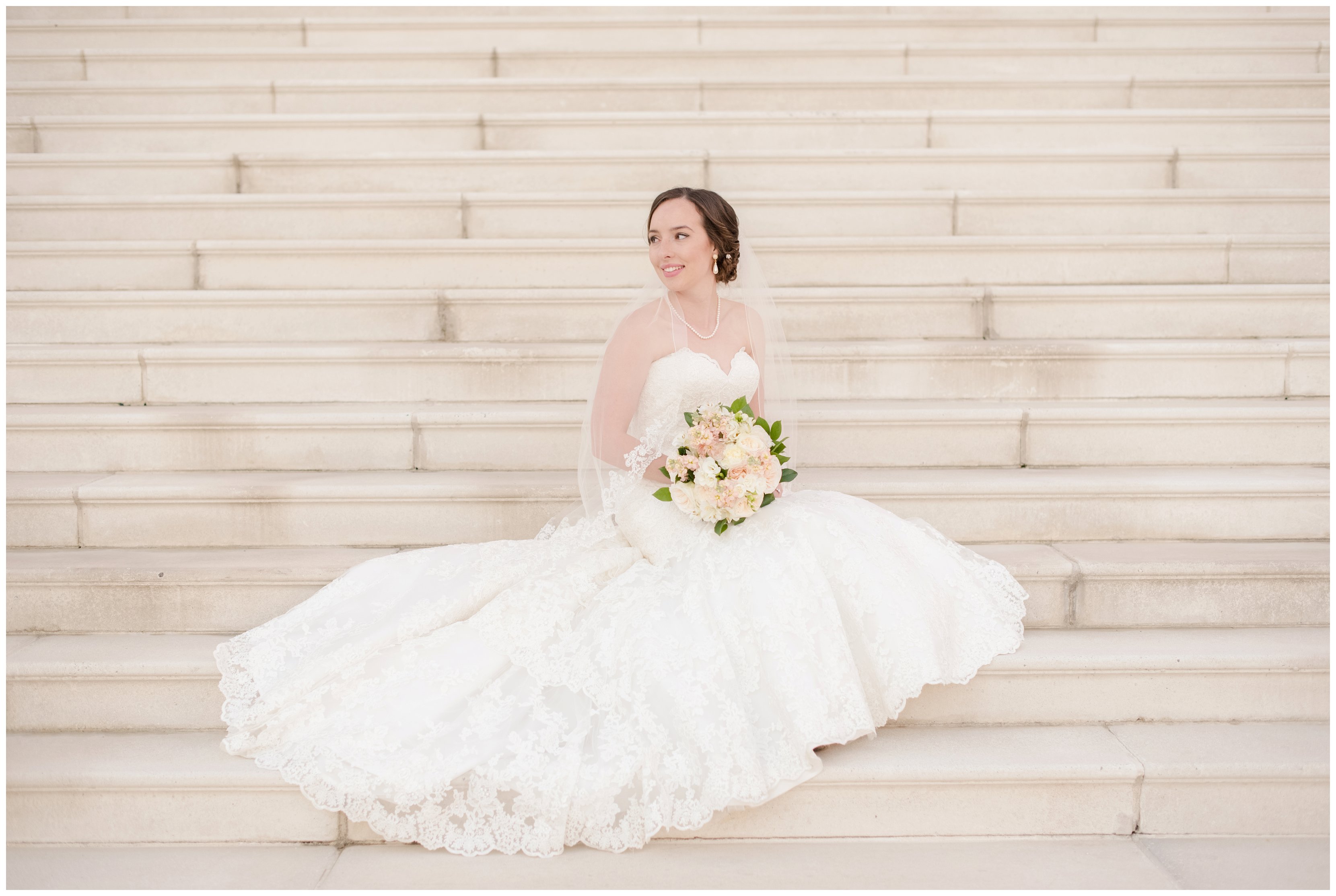 bridal session on stairs at christopher newport university in newport news virginia