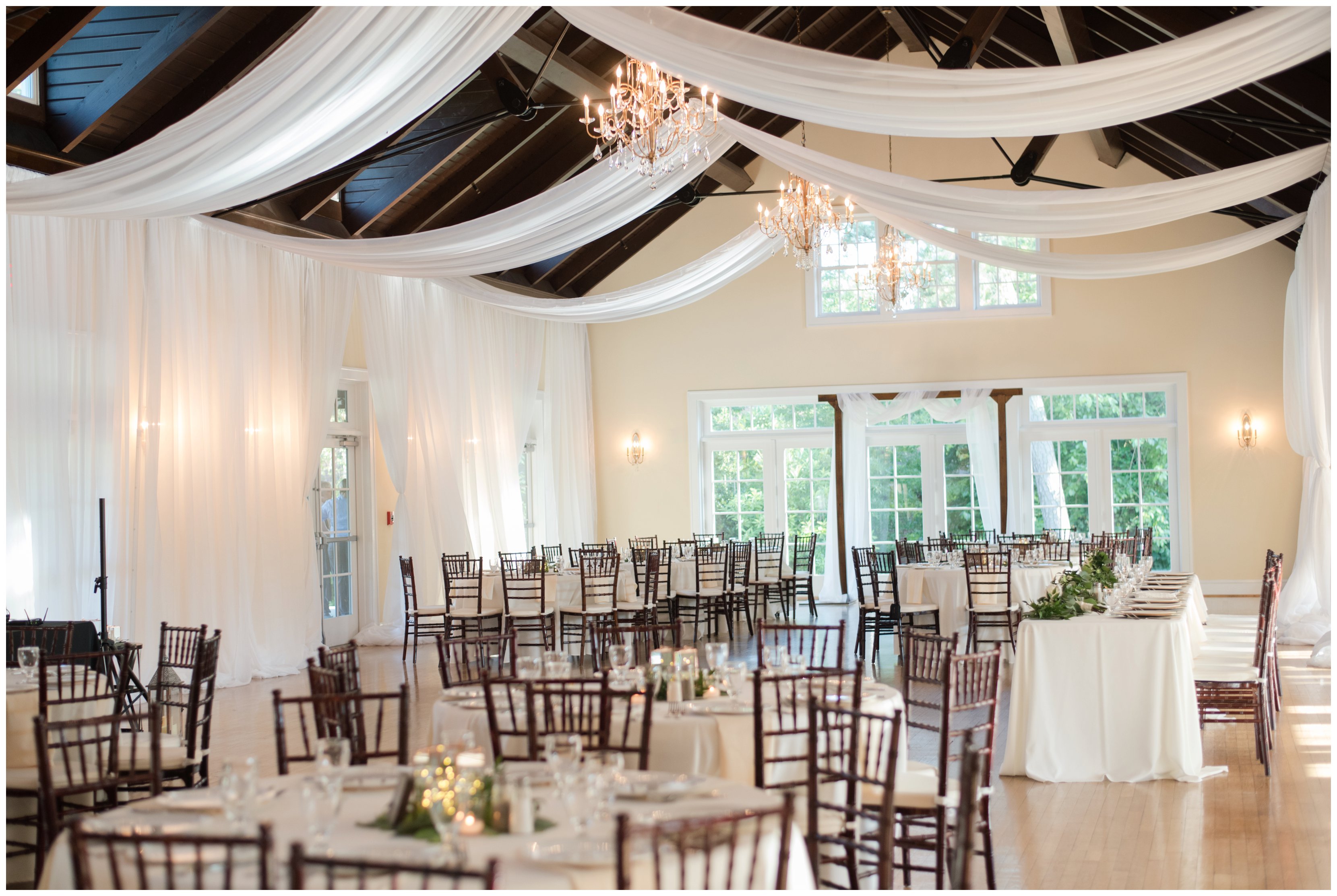 white ceiling drapes at womens club of portsmouth splurge wedding