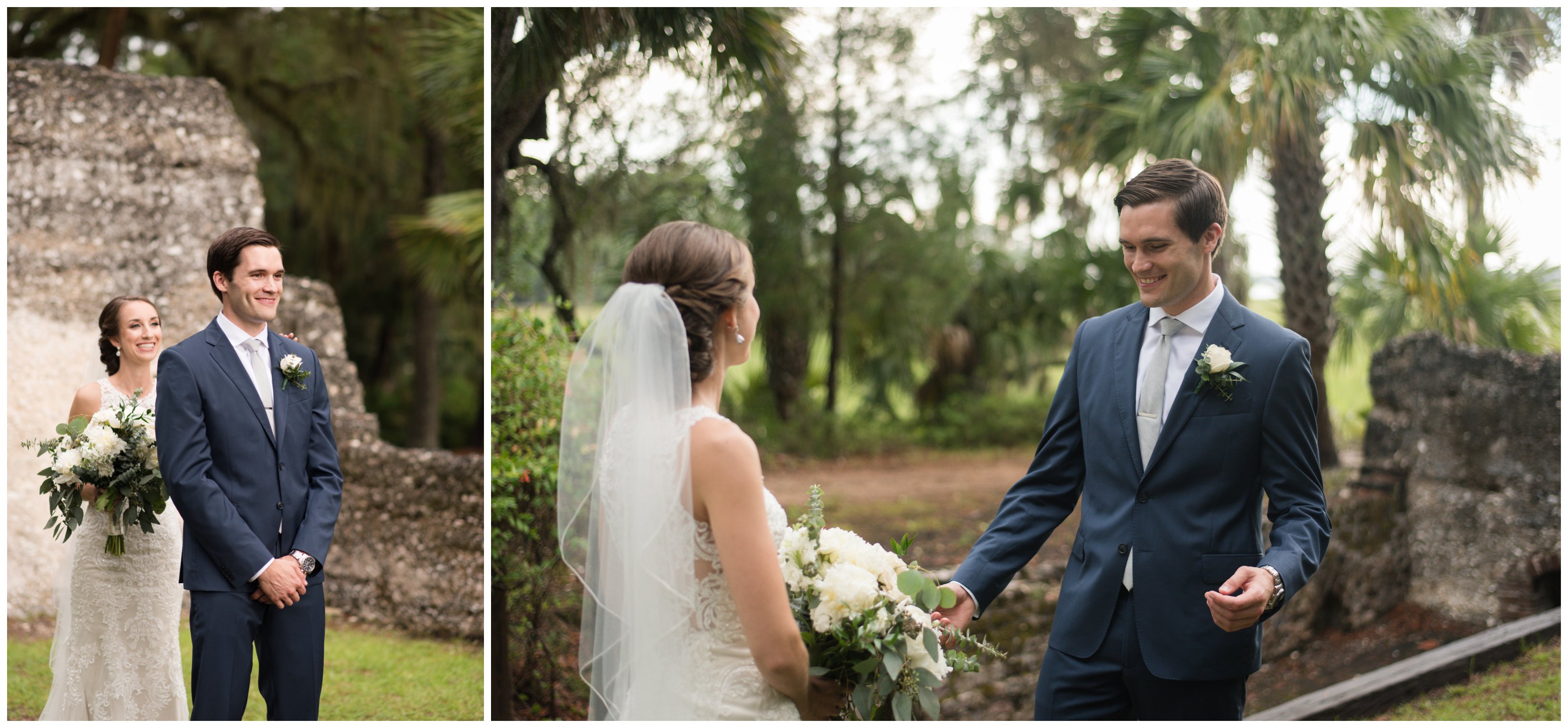 groom reacts to bride during first look in sugar mill ruins in callawassie island
