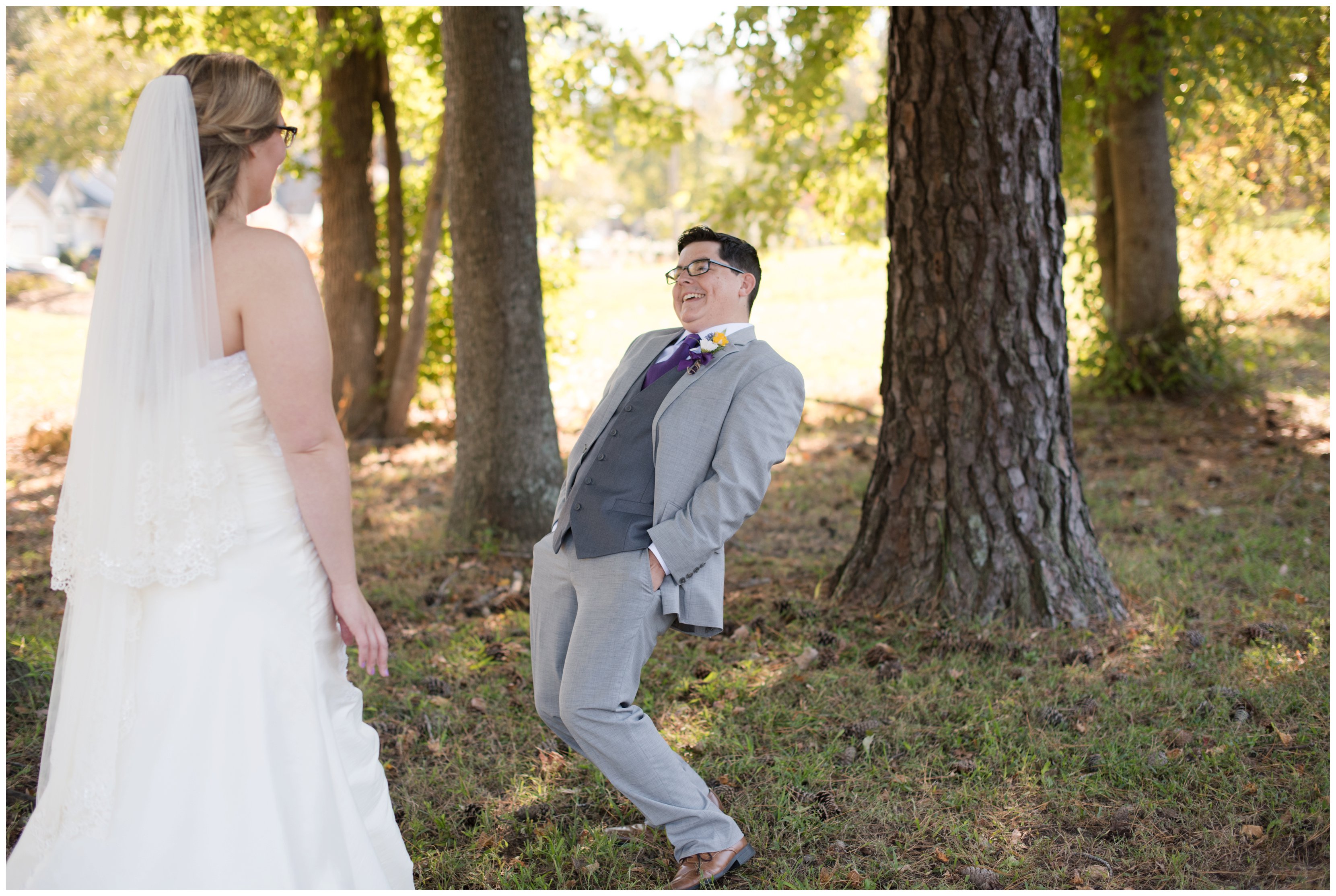 groom reacts to bride during first look in chesapeake virginia